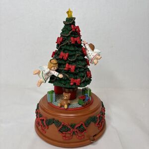Vintage Enesco Christmas Tree Music Box W/Angels & Presents lights up WORKS